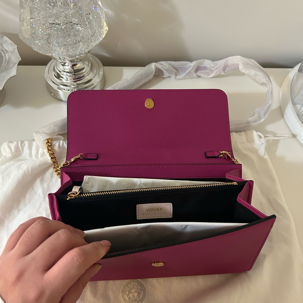 SOLD-Authentic Versace Fuchsia Clutch with Gold Chain